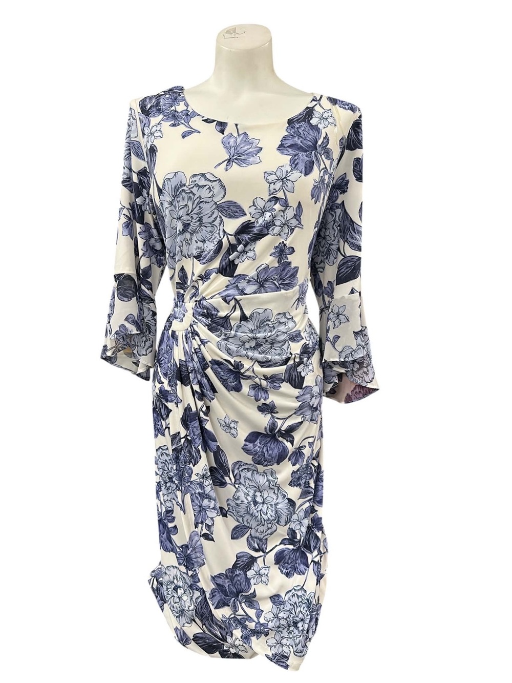 Laura Blue Floral Twist-Front Dress - Elegant Cream & Navy Size L